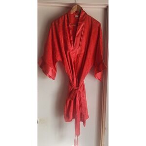 Victoria's Secret Red Floral Gold Tag Satin Kimono Robe Tassel Tie One Size
